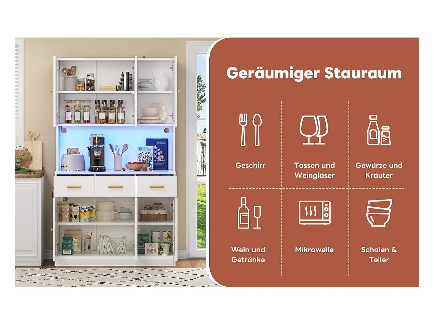 Buffet de cuisine haut avec Leds et prise - 105 x 43 x 182 cm - avec 6 portes en tissu + 3 tiroirs - MDF - blanc