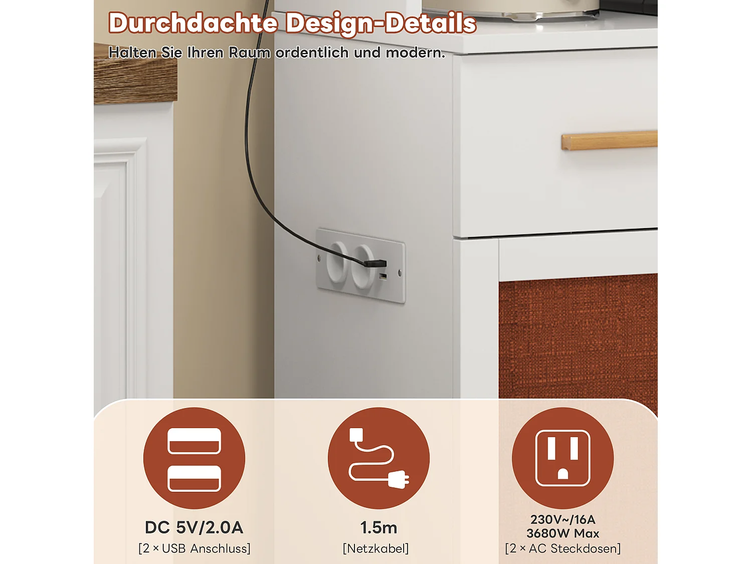 Buffet de cuisine haut avec Leds et prise - 105 x 43 x 182 cm - avec 6 portes en tissu + 3 tiroirs - MDF - blanc