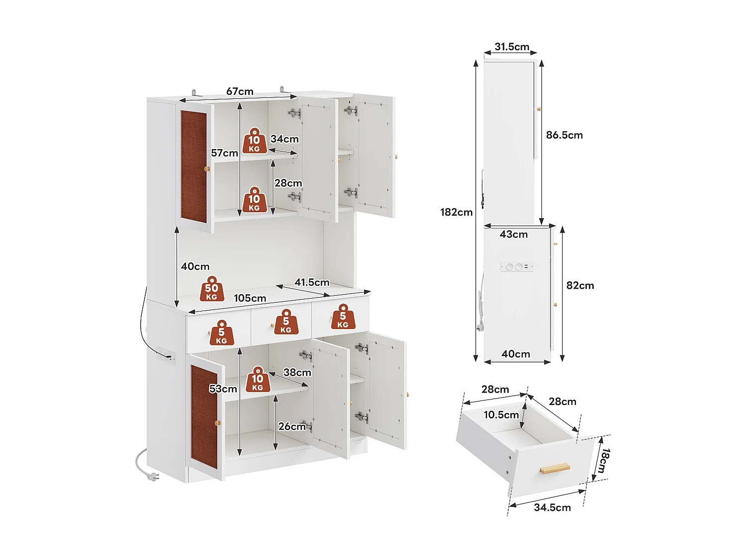 Buffet de cuisine haut avec Leds et prise - 105 x 43 x 182 cm - avec 6 portes en tissu + 3 tiroirs - MDF - blanc