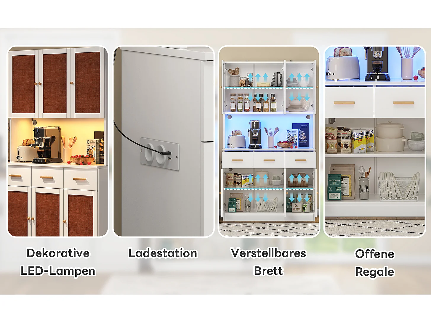 Buffet de cuisine haut avec Leds et prise - 105 x 43 x 182 cm - avec 6 portes en tissu + 3 tiroirs - MDF - blanc