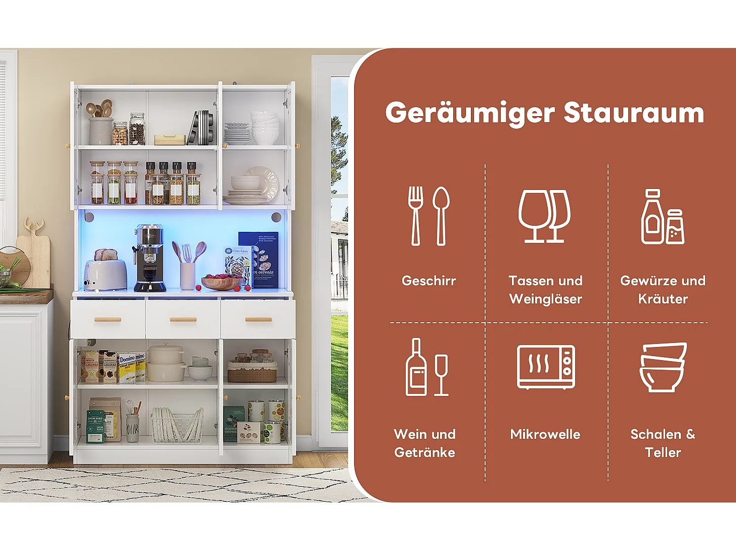 Buffet de cuisine haut avec Leds et prise - 105 x 43 x 182 cm - avec 6 portes en tissu + 3 tiroirs - MDF - blanc