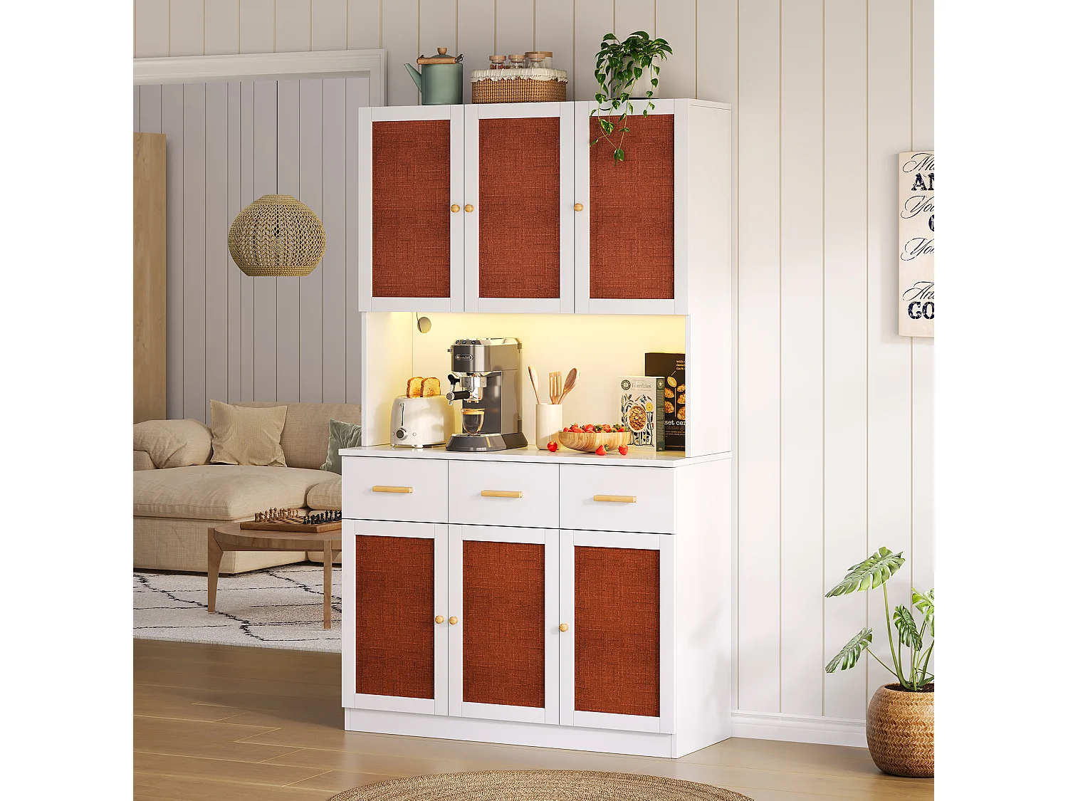 Buffet de cuisine haut avec Leds et prise - 105 x 43 x 182 cm - avec 6 portes en tissu + 3 tiroirs - MDF - blanc