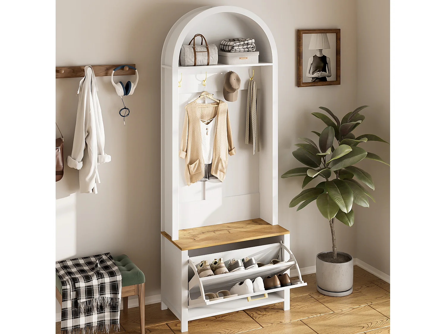 Hallskåp/garderob med skohylla och krokar - hallmöbel - 75 x 35 x 195 cm - MDF - vit