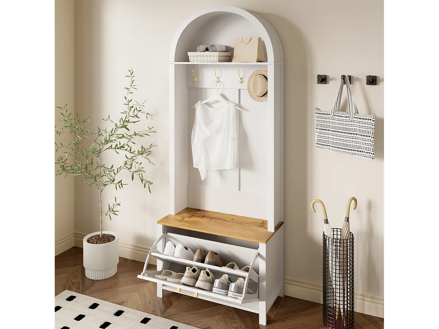 Hallskåp/garderob med skohylla och krokar - hallmöbel - 75 x 35 x 195 cm - MDF - vit