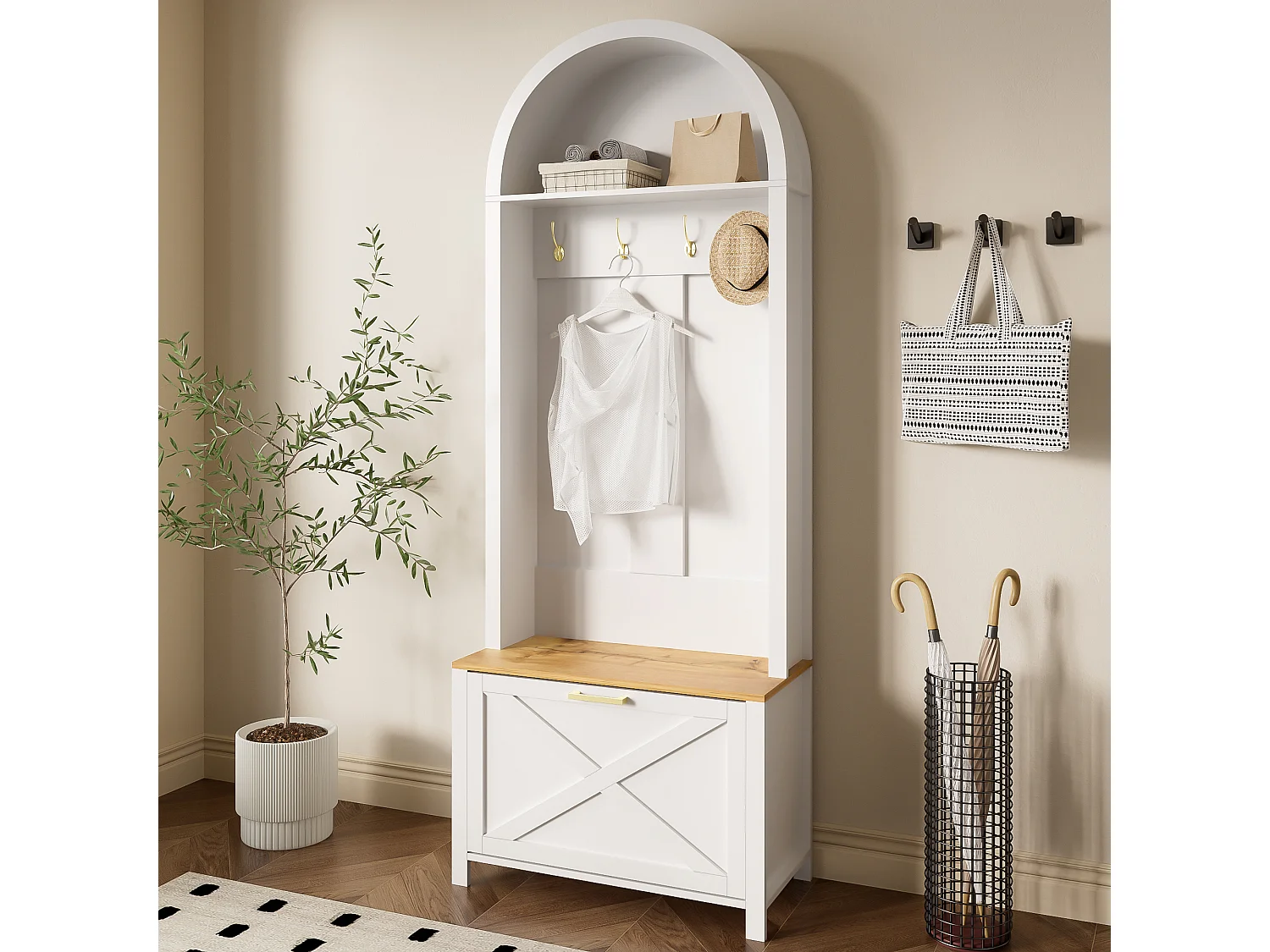 Hallskåp/garderob med skohylla och krokar - hallmöbel - 75 x 35 x 195 cm - MDF - vit