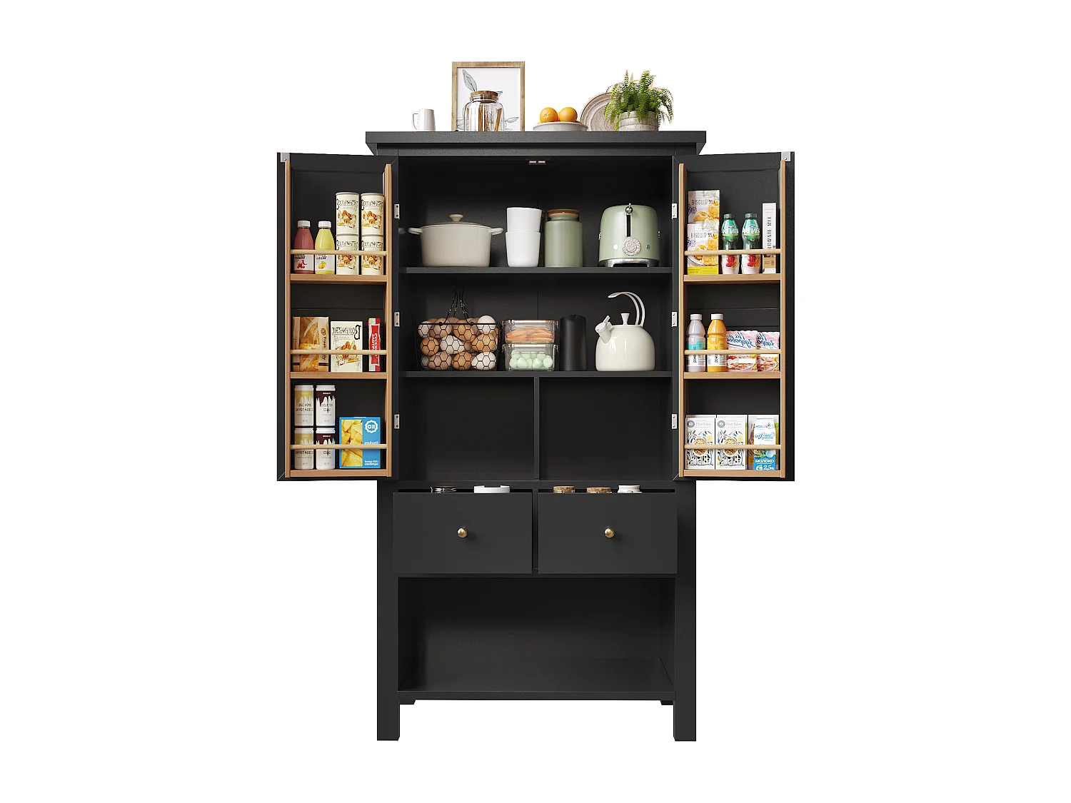 Buffet de cuisine haut - 80 x 40 x 140 cm - meuble de rangement avec 2 portes + 5 tiroirs - MDF - noir