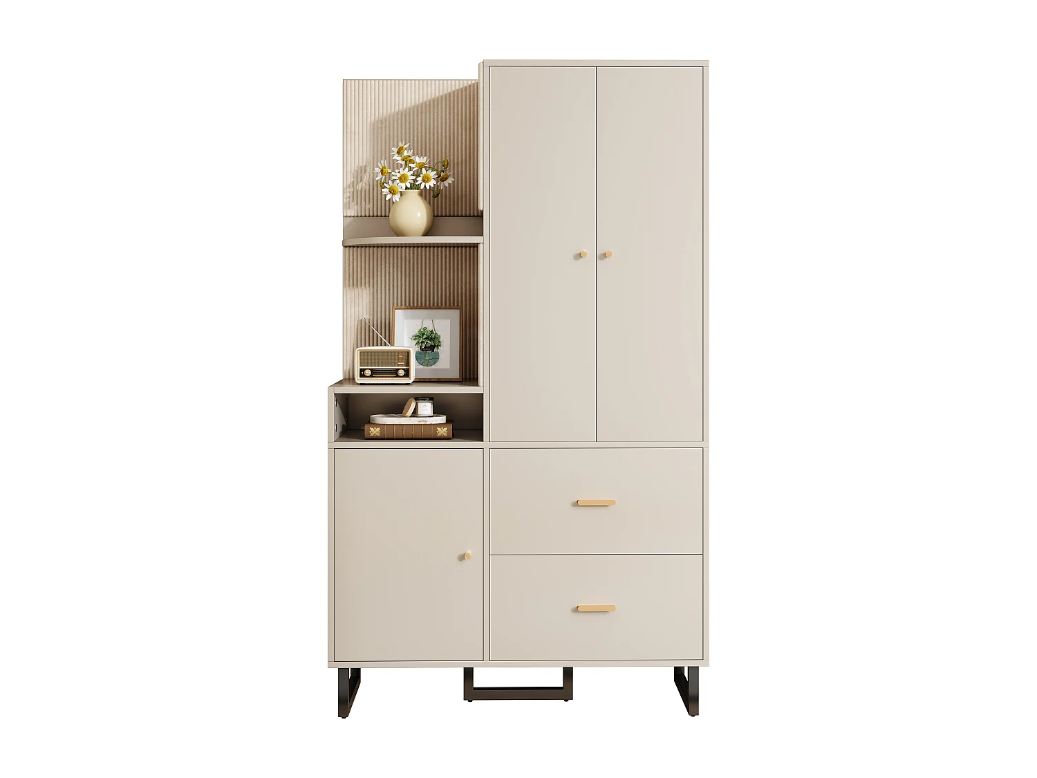 Vestiaire/armoires de couloir avec étagère + 2 tiroirs + 3 portes - 110 x 38 x 186 cm - MDF - beige + gris