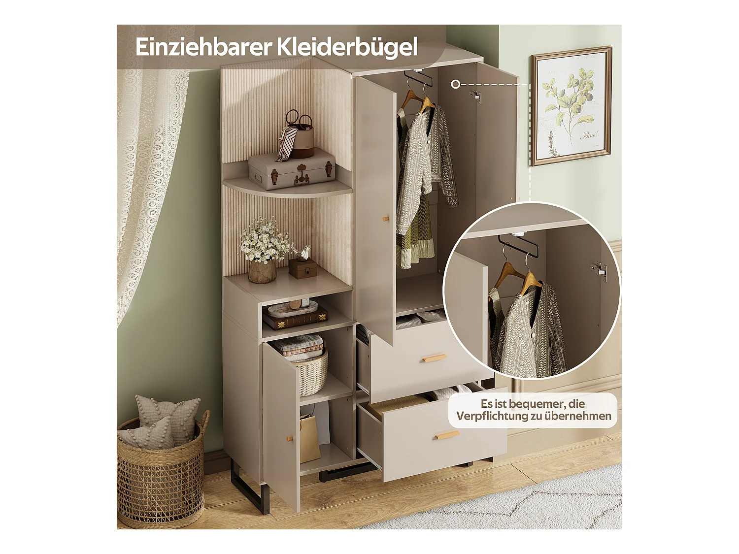 Vestiaire/armoires de couloir avec étagère + 2 tiroirs + 3 portes - 110 x 38 x 186 cm - MDF - beige + gris