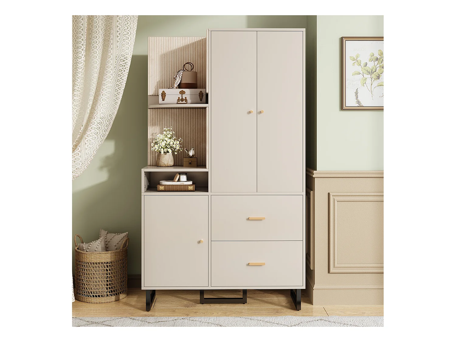 Vestiaire/armoires de couloir avec étagère + 2 tiroirs + 3 portes - 110 x 38 x 186 cm - MDF - beige + gris