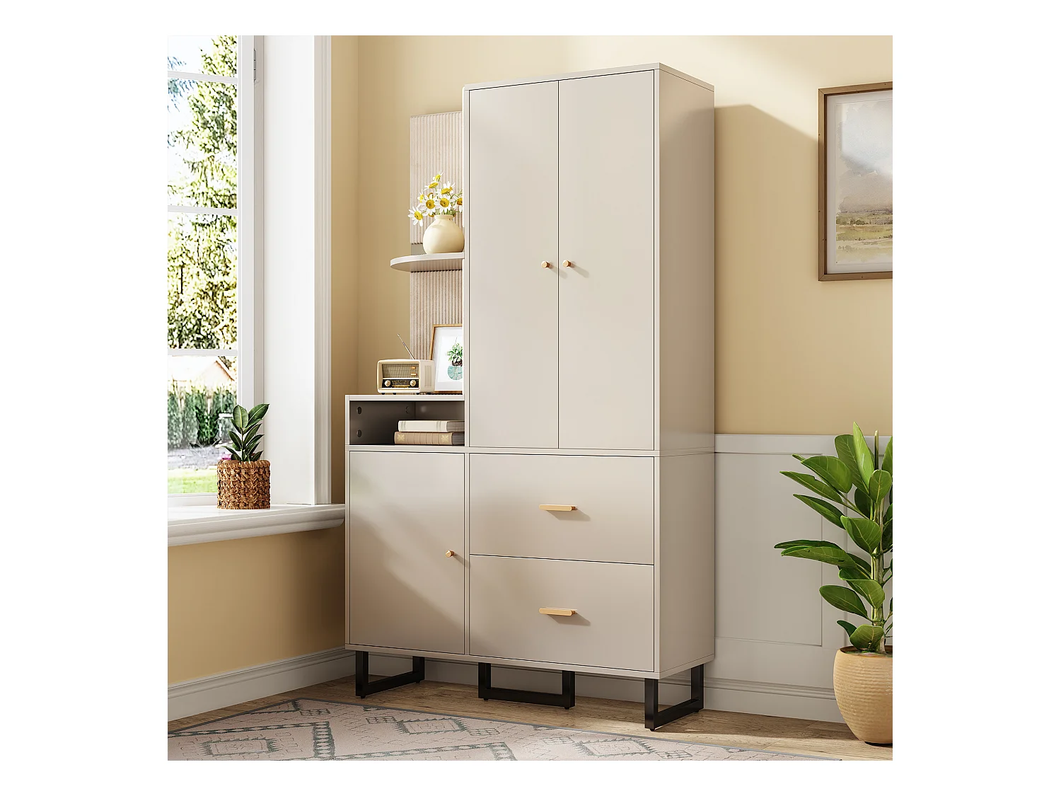 Vestiaire/armoires de couloir avec étagère + 2 tiroirs + 3 portes - 110 x 38 x 186 cm - MDF - beige + gris