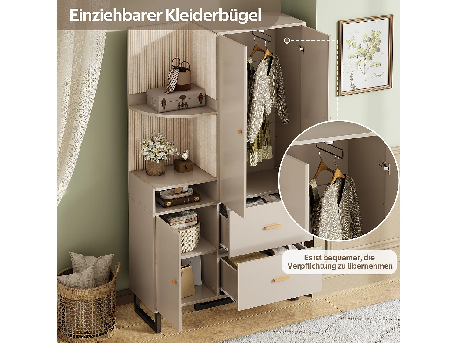 Vestiaire/armoires de couloir avec étagère + 2 tiroirs + 3 portes - 110 x 38 x 186 cm - MDF - beige + gris