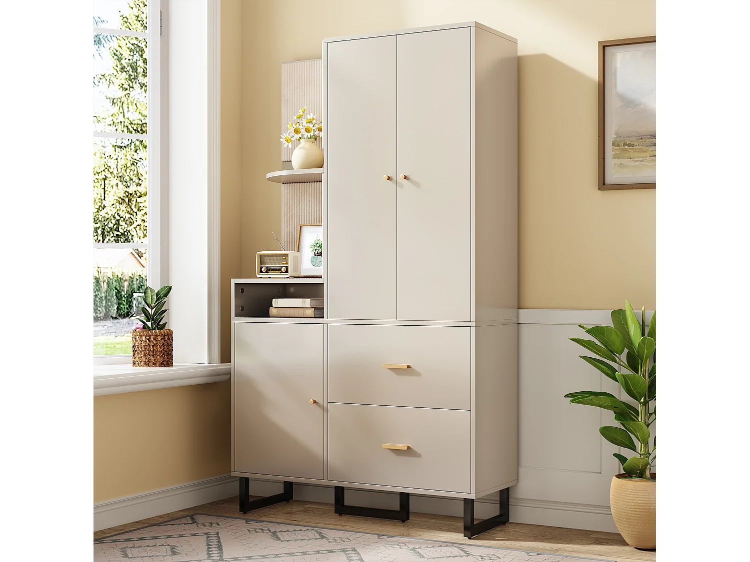 Vestiaire/armoires de couloir avec étagère + 2 tiroirs + 3 portes - 110 x 38 x 186 cm - MDF - beige + gris