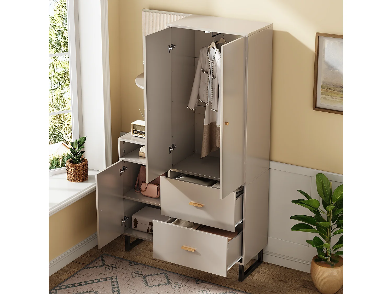 Vestiaire/armoires de couloir avec étagère + 2 tiroirs + 3 portes - 110 x 38 x 186 cm - MDF - beige + gris