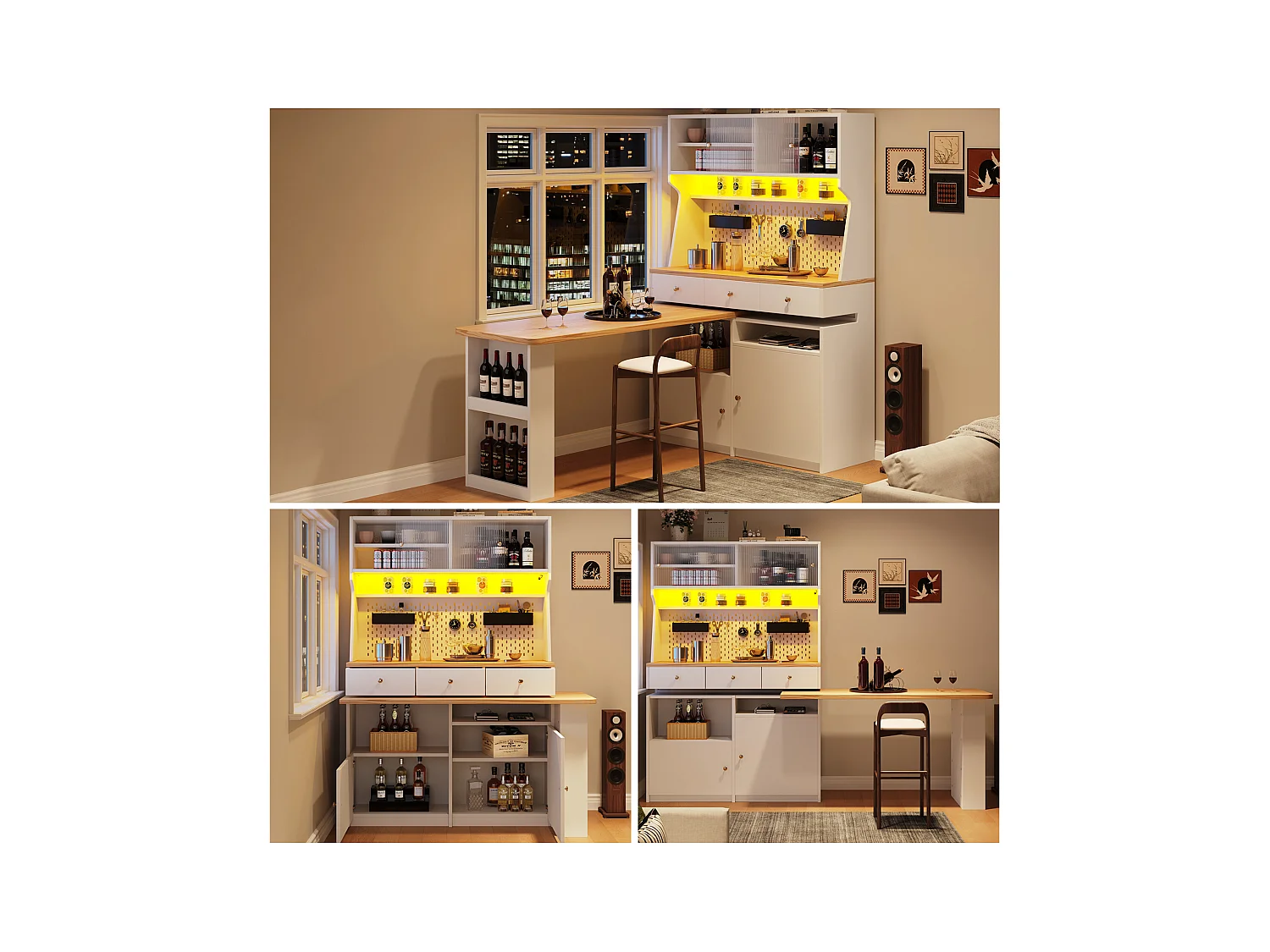 Buffet de cuisine haut avec 2 portes + 3 tiroirs + bureau extensible - 137 x 45 x 178 cm - MDF - blanc