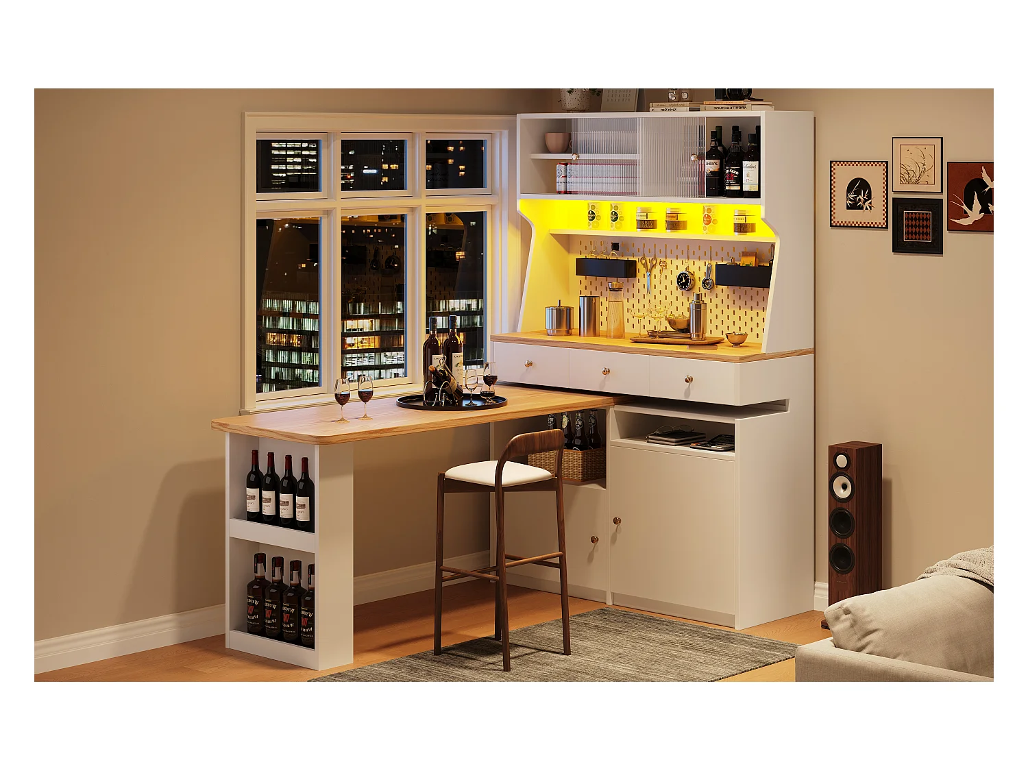 Buffet de cuisine haut avec 2 portes + 3 tiroirs + bureau extensible - 137 x 45 x 178 cm - MDF - blanc