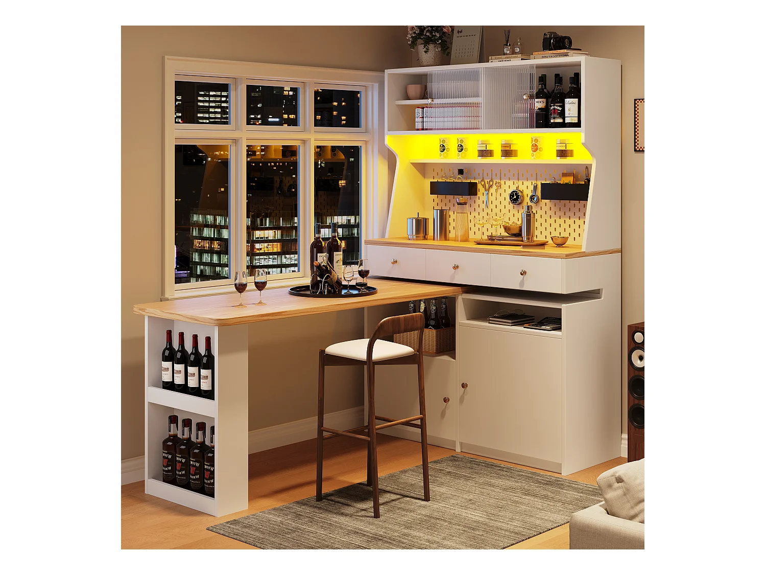 Buffet de cuisine haut avec 2 portes + 3 tiroirs + bureau extensible - 137 x 45 x 178 cm - MDF - blanc