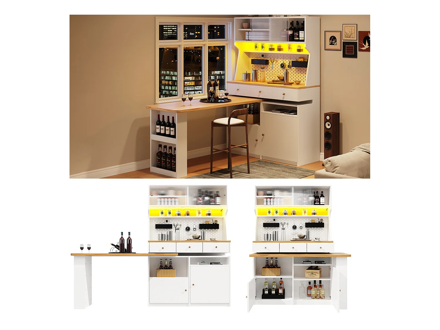 Buffet de cuisine haut avec 2 portes + 3 tiroirs + bureau extensible - 137 x 45 x 178 cm - MDF - blanc