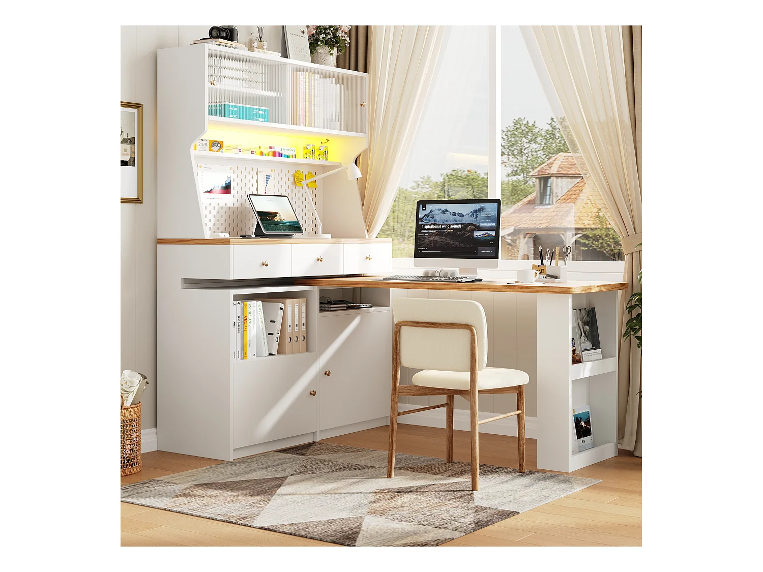 Buffet de cuisine haut avec 2 portes + 3 tiroirs + bureau extensible - 137 x 45 x 178 cm - MDF - blanc