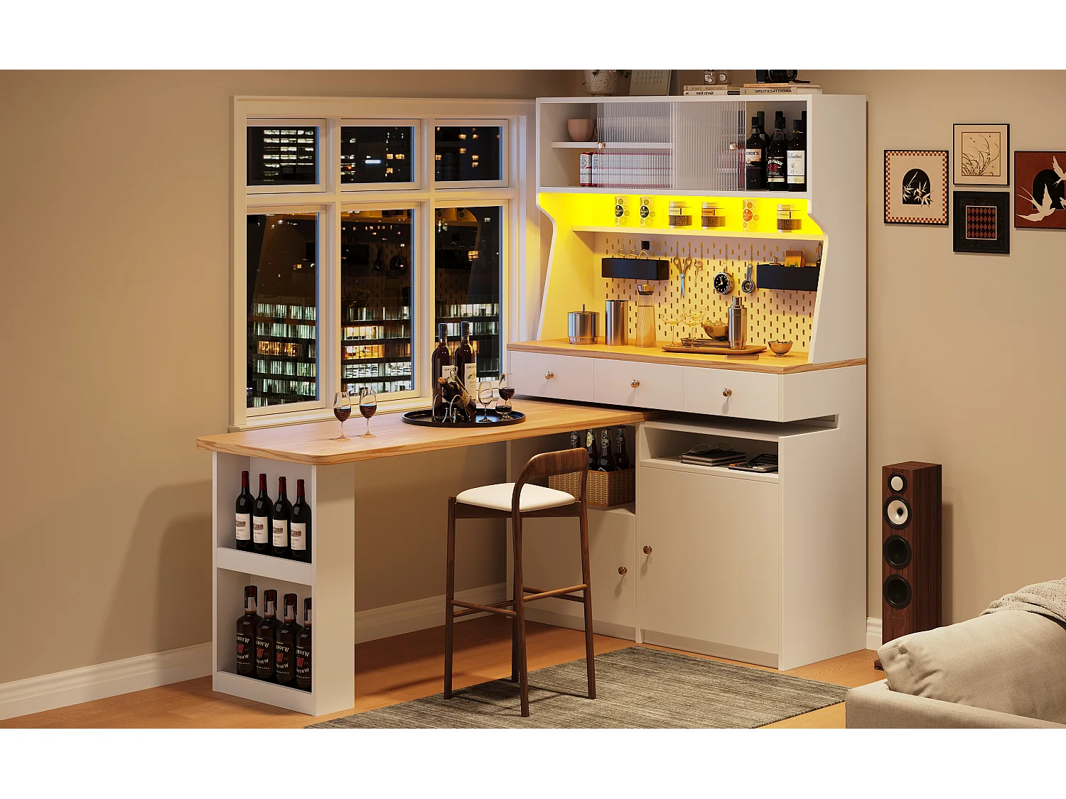 Buffet de cuisine haut avec 2 portes + 3 tiroirs + bureau extensible - 137 x 45 x 178 cm - MDF - blanc