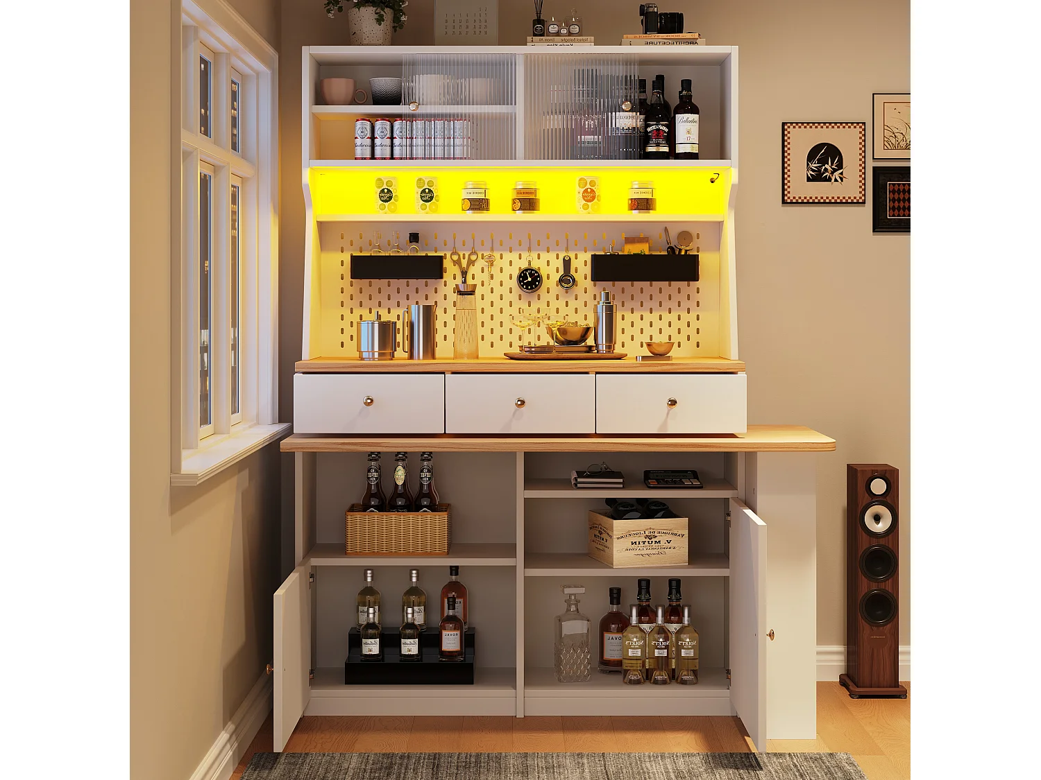 Buffet de cuisine haut avec 2 portes + 3 tiroirs + bureau extensible - 137 x 45 x 178 cm - MDF - blanc