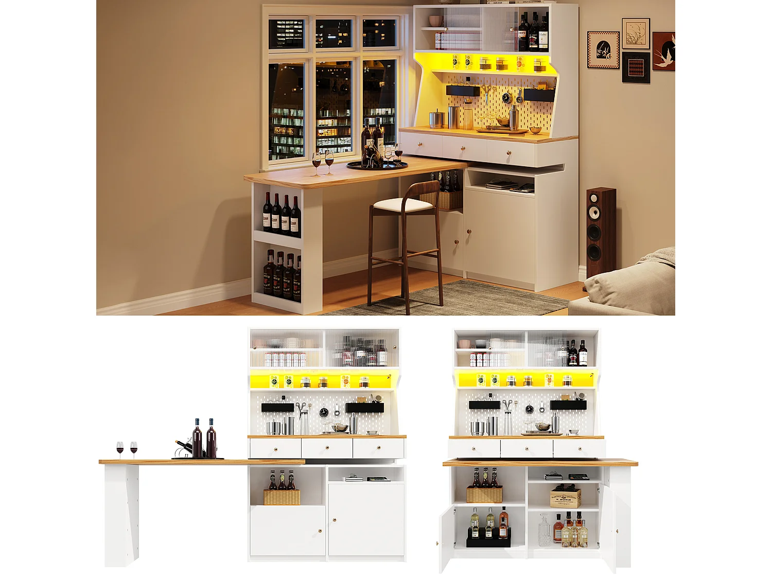 Buffet de cuisine haut avec 2 portes + 3 tiroirs + bureau extensible - 137 x 45 x 178 cm - MDF - blanc