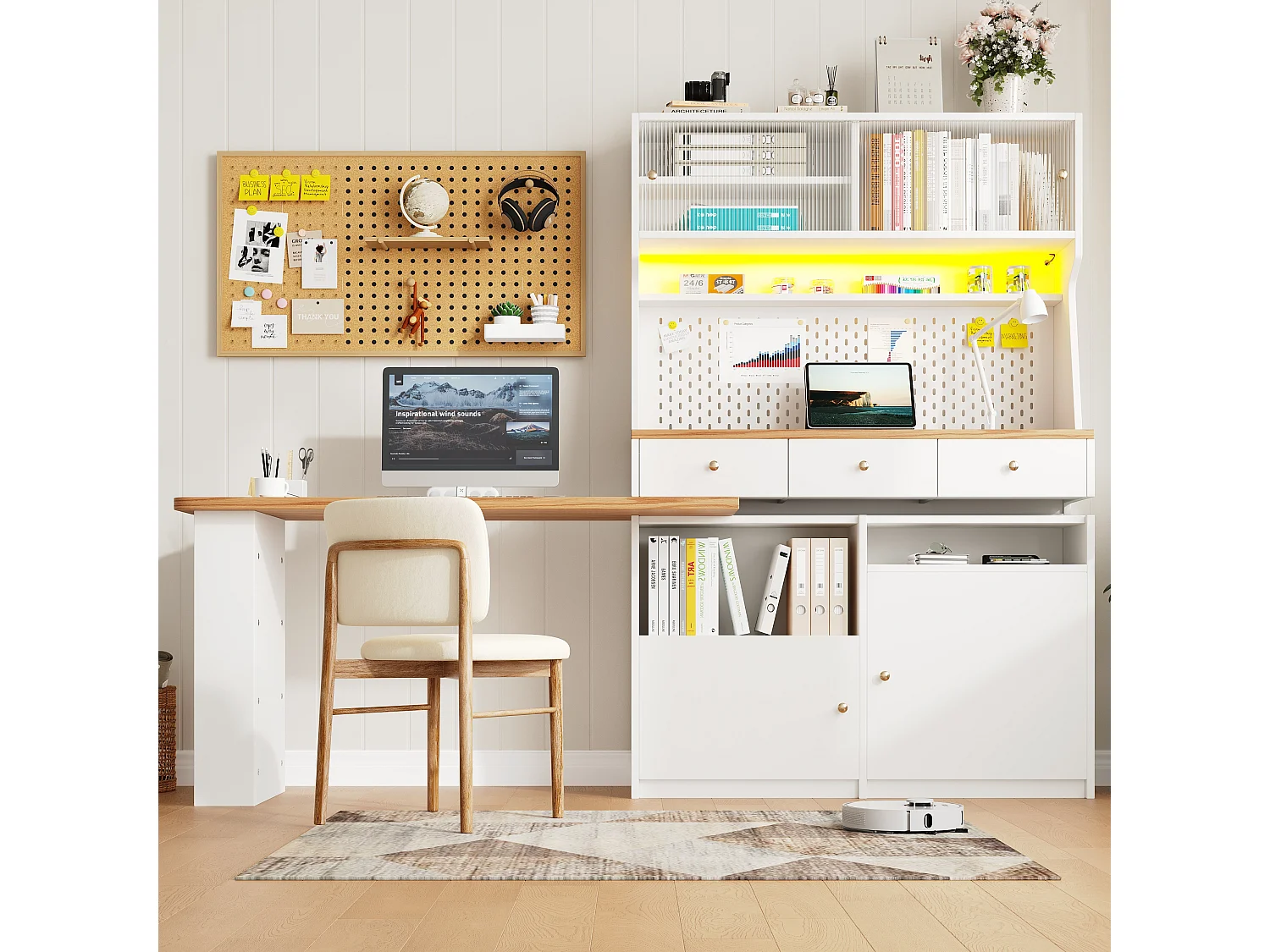 Buffet de cuisine haut avec 2 portes + 3 tiroirs + bureau extensible - 137 x 45 x 178 cm - MDF - blanc