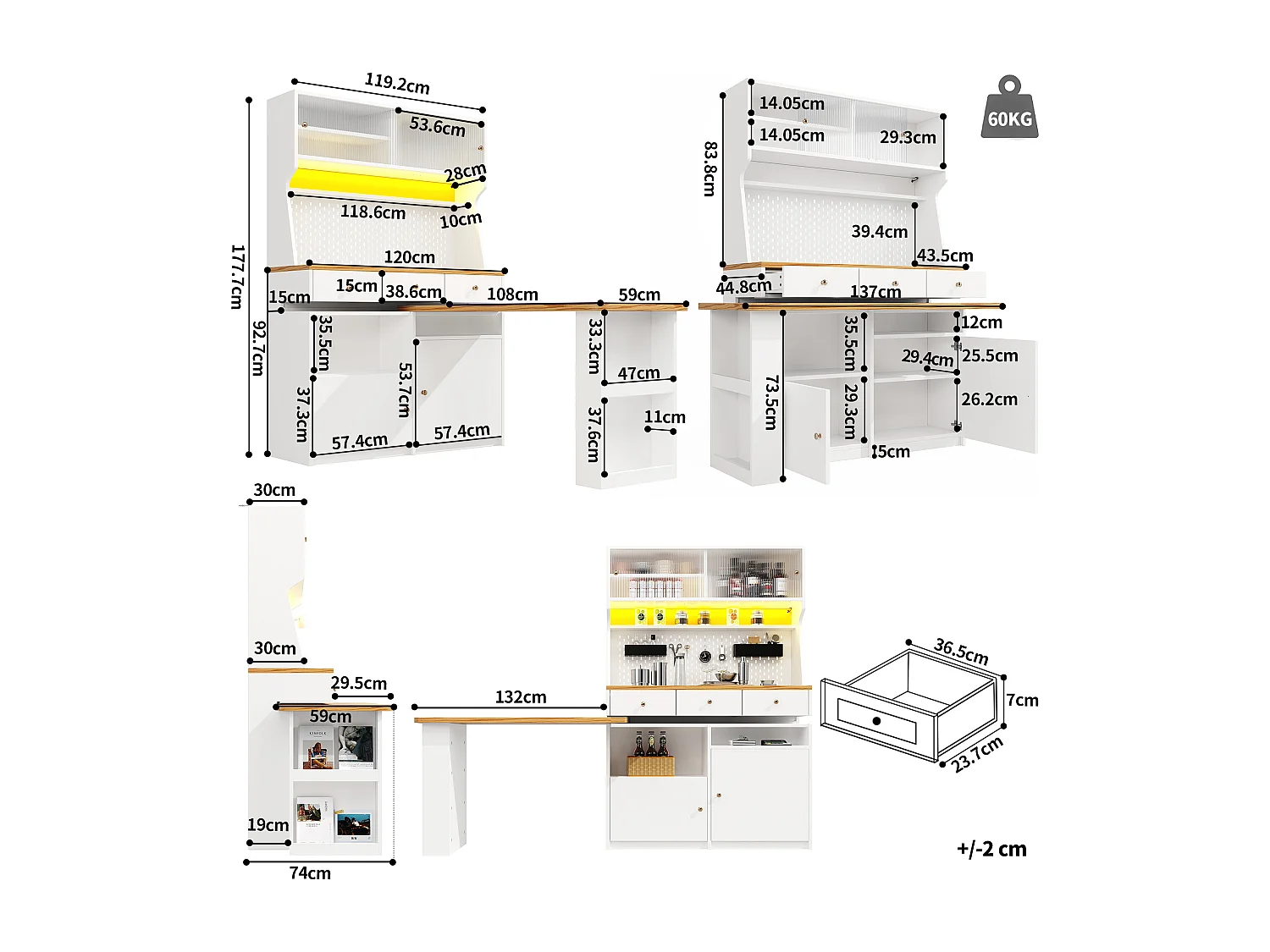 Buffet de cuisine haut avec 2 portes + 3 tiroirs + bureau extensible - 137 x 45 x 178 cm - MDF - blanc