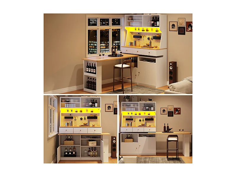 Buffet de cuisine haut avec 2 portes + 3 tiroirs + bureau extensible - 137 x 45 x 178 cm - MDF - blanc