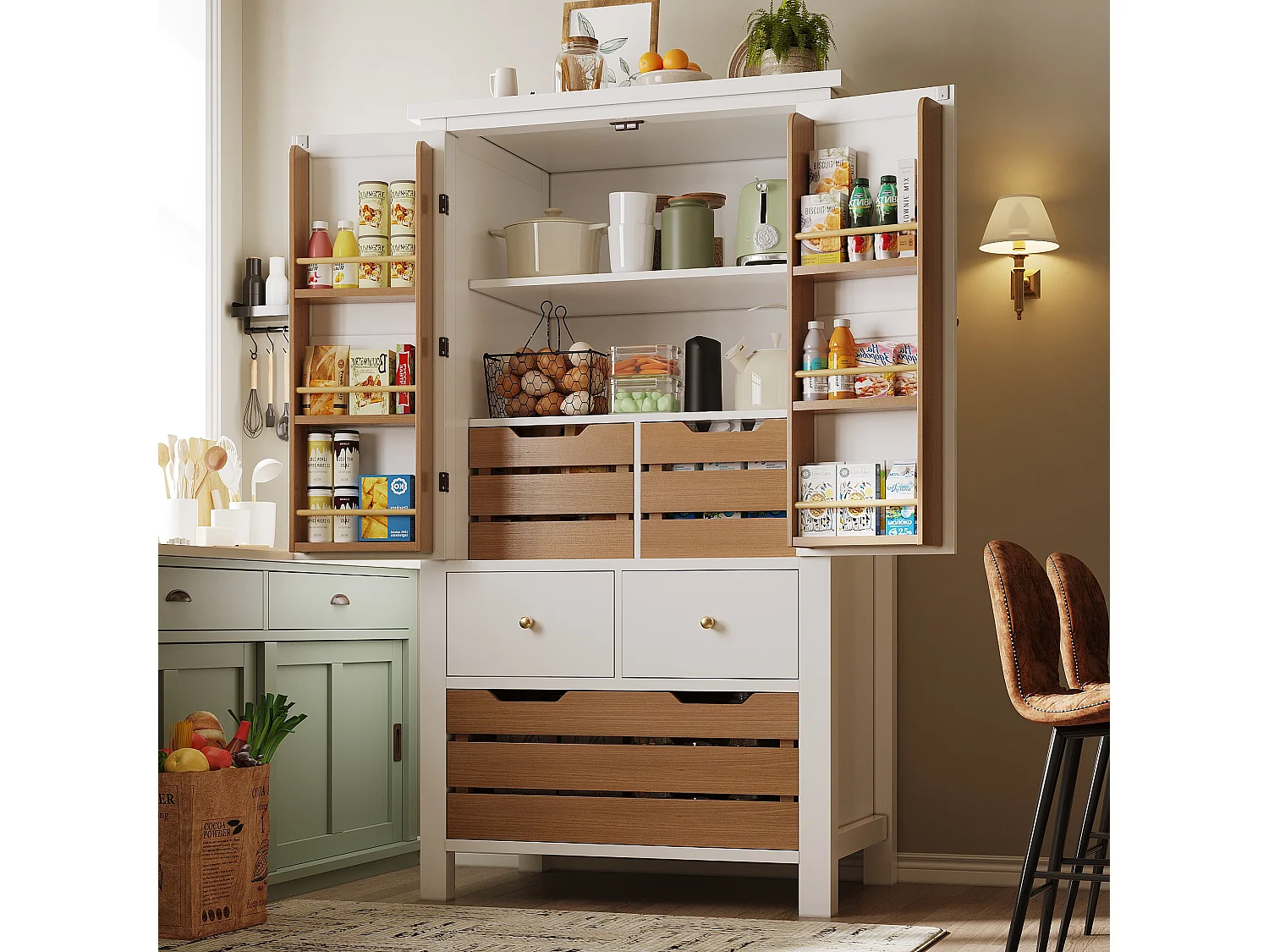 Buffet de cuisine haut - 80 x 40 x 140 cm - meuble de rangement avec 2 portes + 5 tiroirs - MDF - blanc