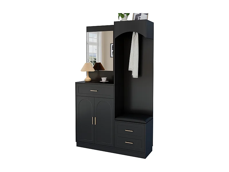 Vestiaire/combinaison armoire et meuble à chaussures avec miroir + 1 tiroir + 3 portes - 110 x 33 x 185.5 - MDF - noir