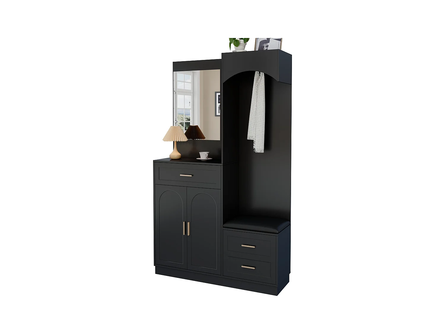 Vestiaire/combinaison armoire et meuble à chaussures avec miroir + 1 tiroir + 3 portes - 110 x 33 x 185.5 - MDF - noir