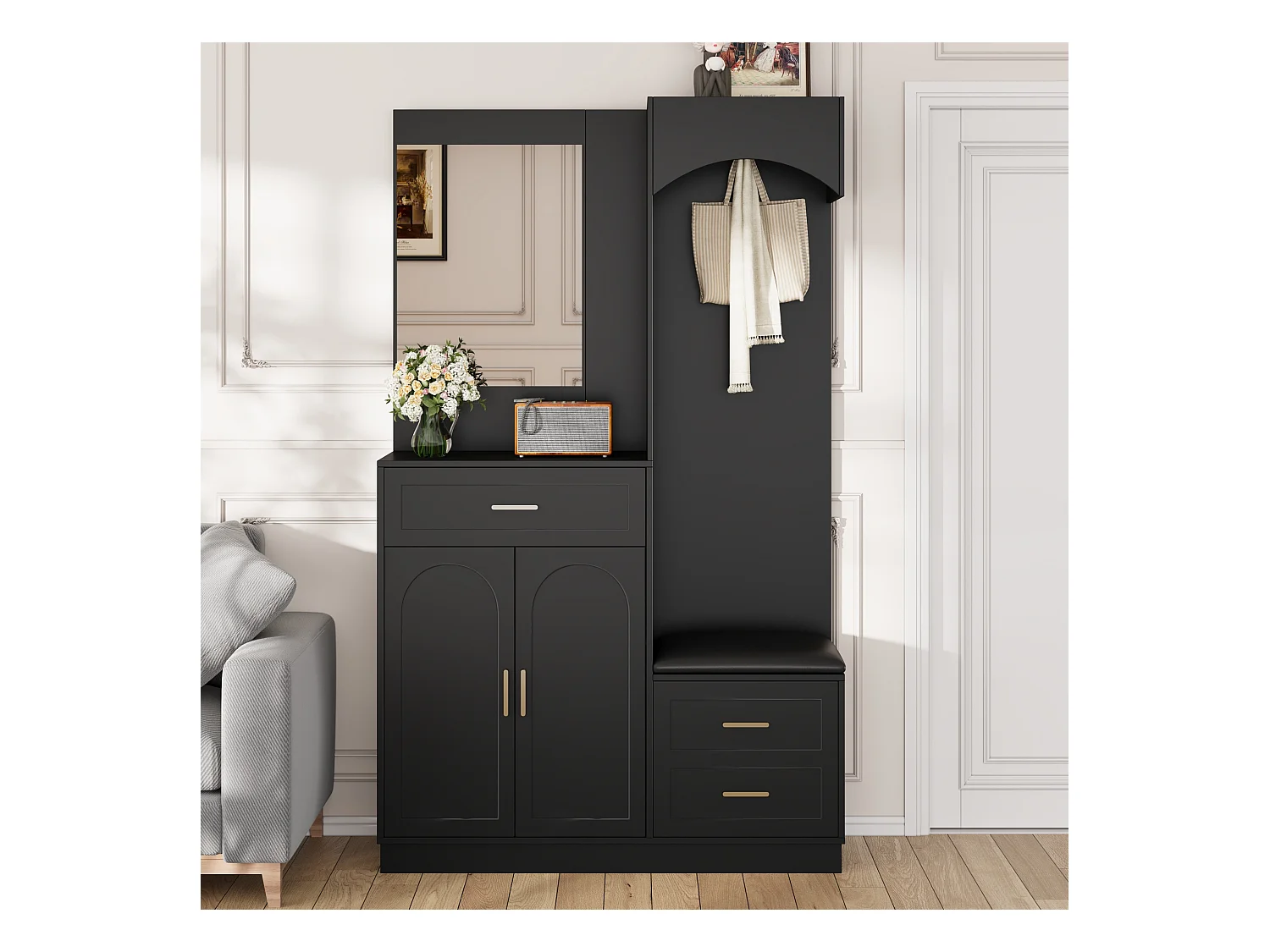 Vestiaire/combinaison armoire et meuble à chaussures avec miroir + 1 tiroir + 3 portes - 110 x 33 x 185.5 - MDF - noir