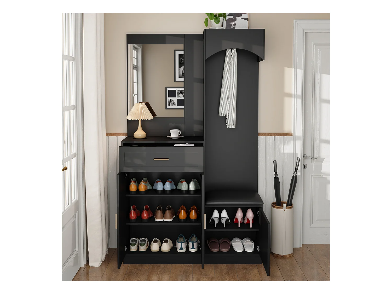 Vestiaire/combinaison armoire et meuble à chaussures avec miroir + 1 tiroir + 3 portes - 110 x 33 x 185.5 - MDF - noir