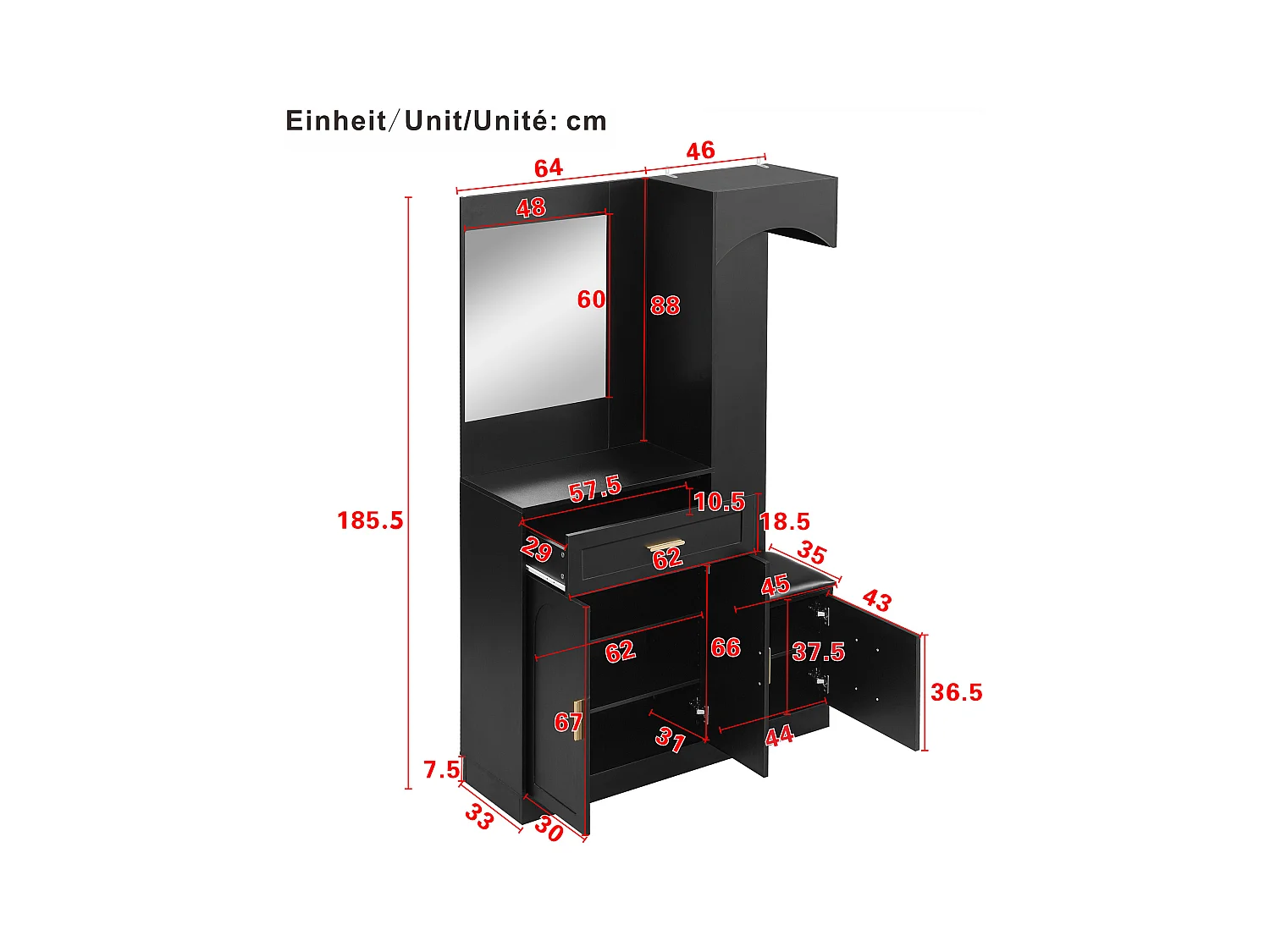 Vestiaire/combinaison armoire et meuble à chaussures avec miroir + 1 tiroir + 3 portes - 110 x 33 x 185.5 - MDF - noir