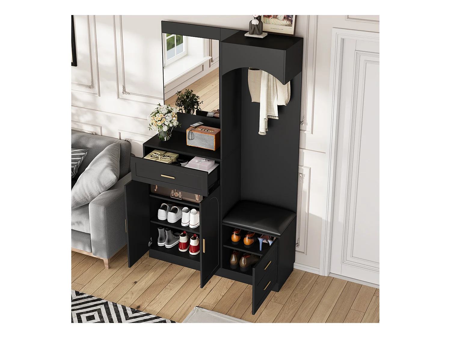 Vestiaire/combinaison armoire et meuble à chaussures avec miroir + 1 tiroir + 3 portes - 110 x 33 x 185.5 - MDF - noir