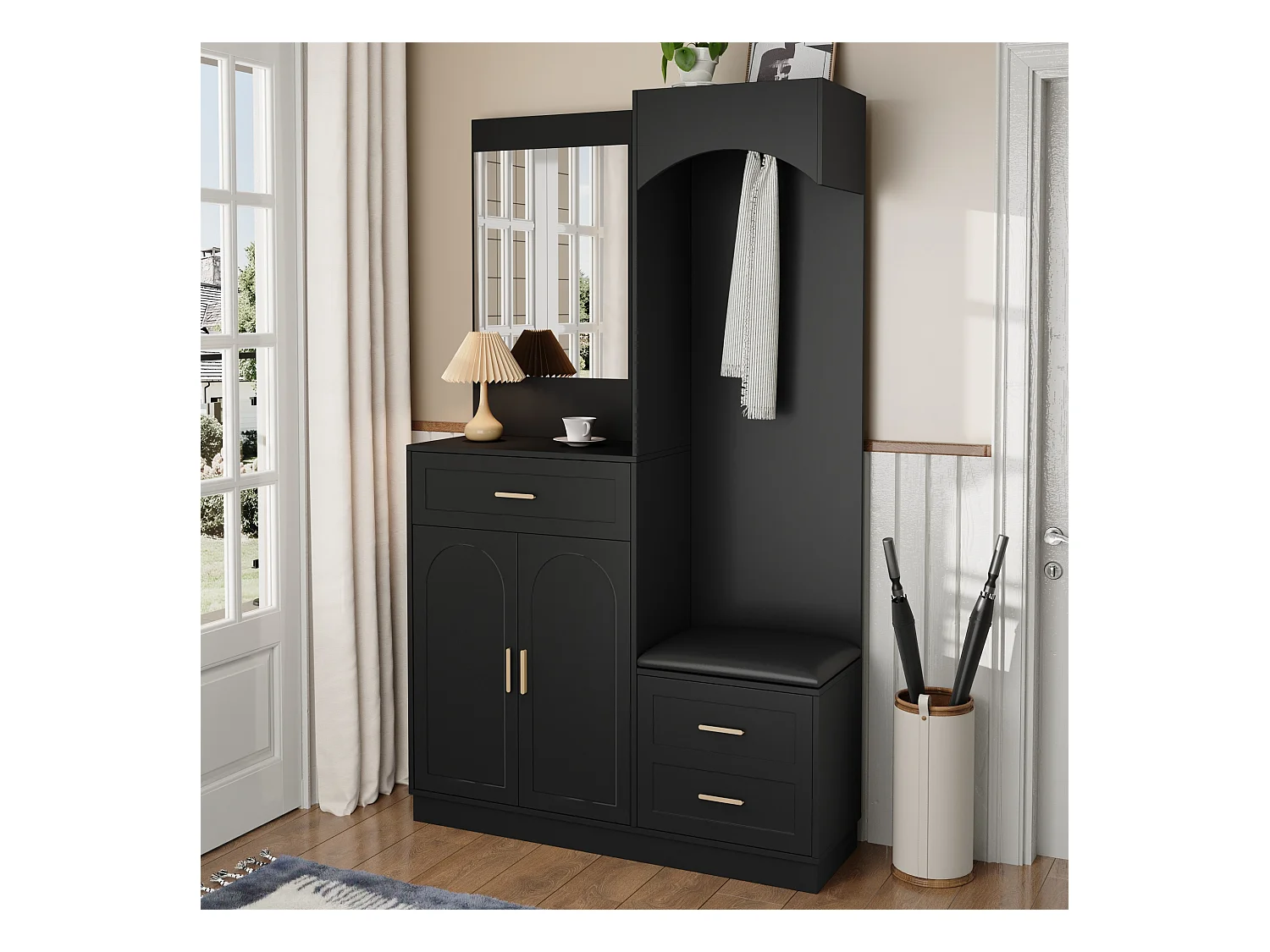 Vestiaire/combinaison armoire et meuble à chaussures avec miroir + 1 tiroir + 3 portes - 110 x 33 x 185.5 - MDF - noir