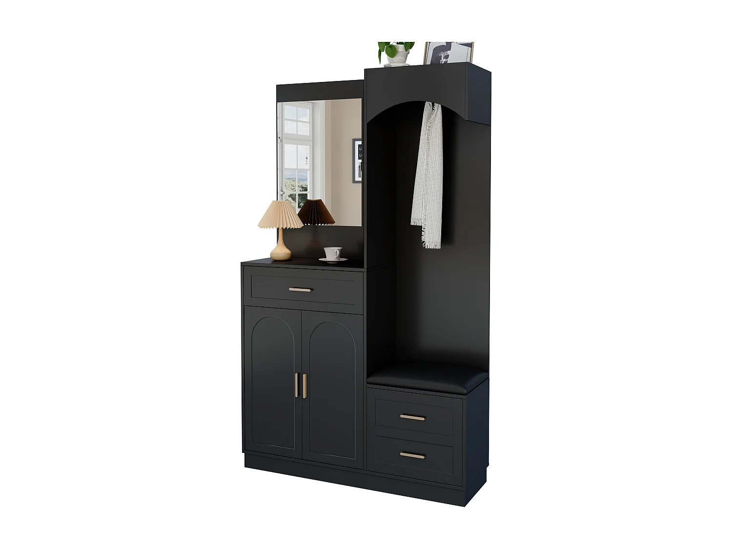Vestiaire/combinaison armoire et meuble à chaussures avec miroir + 1 tiroir + 3 portes - 110 x 33 x 185.5 - MDF - noir