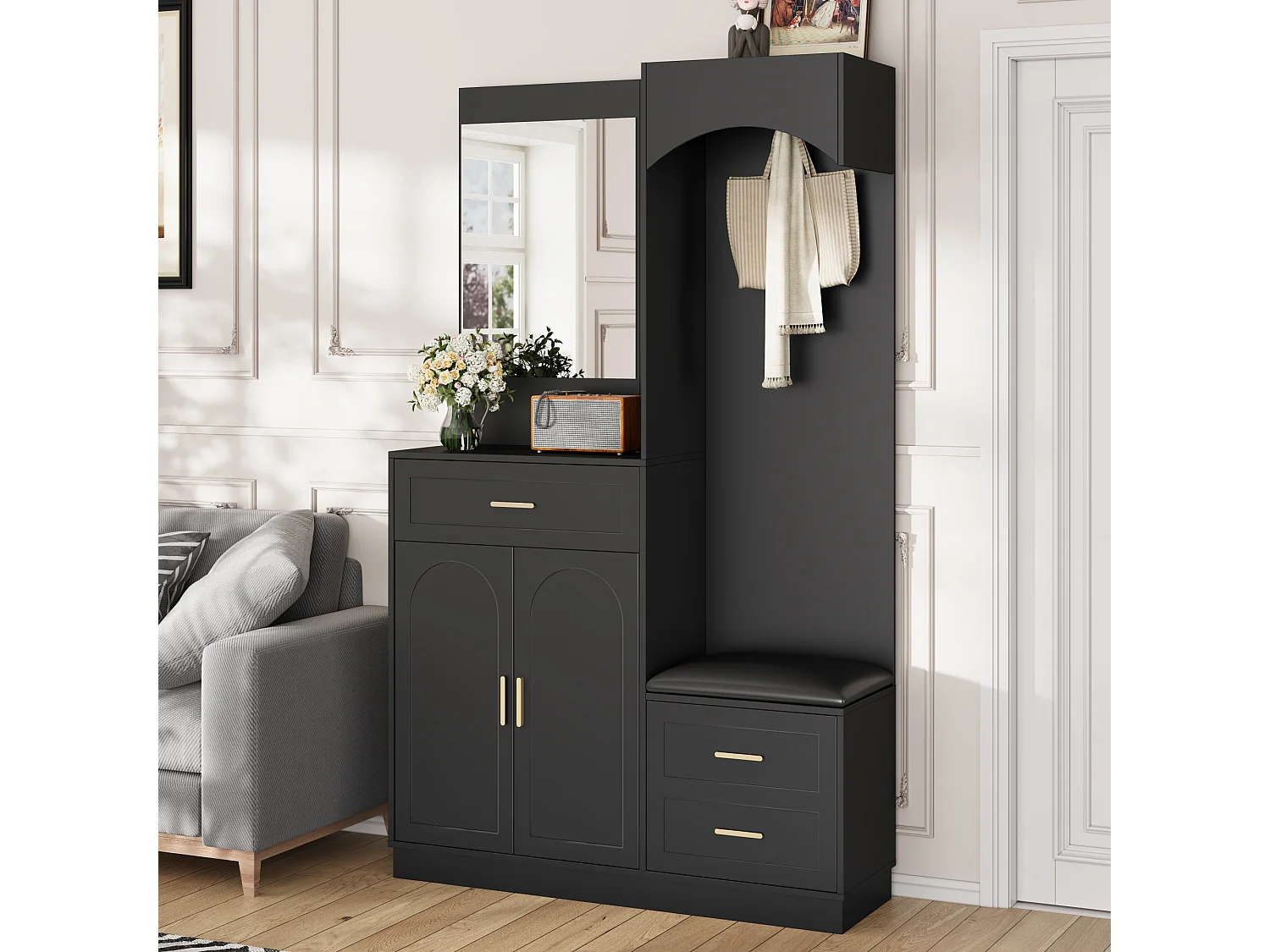 Vestiaire/combinaison armoire et meuble à chaussures avec miroir + 1 tiroir + 3 portes - 110 x 33 x 185.5 - MDF - noir