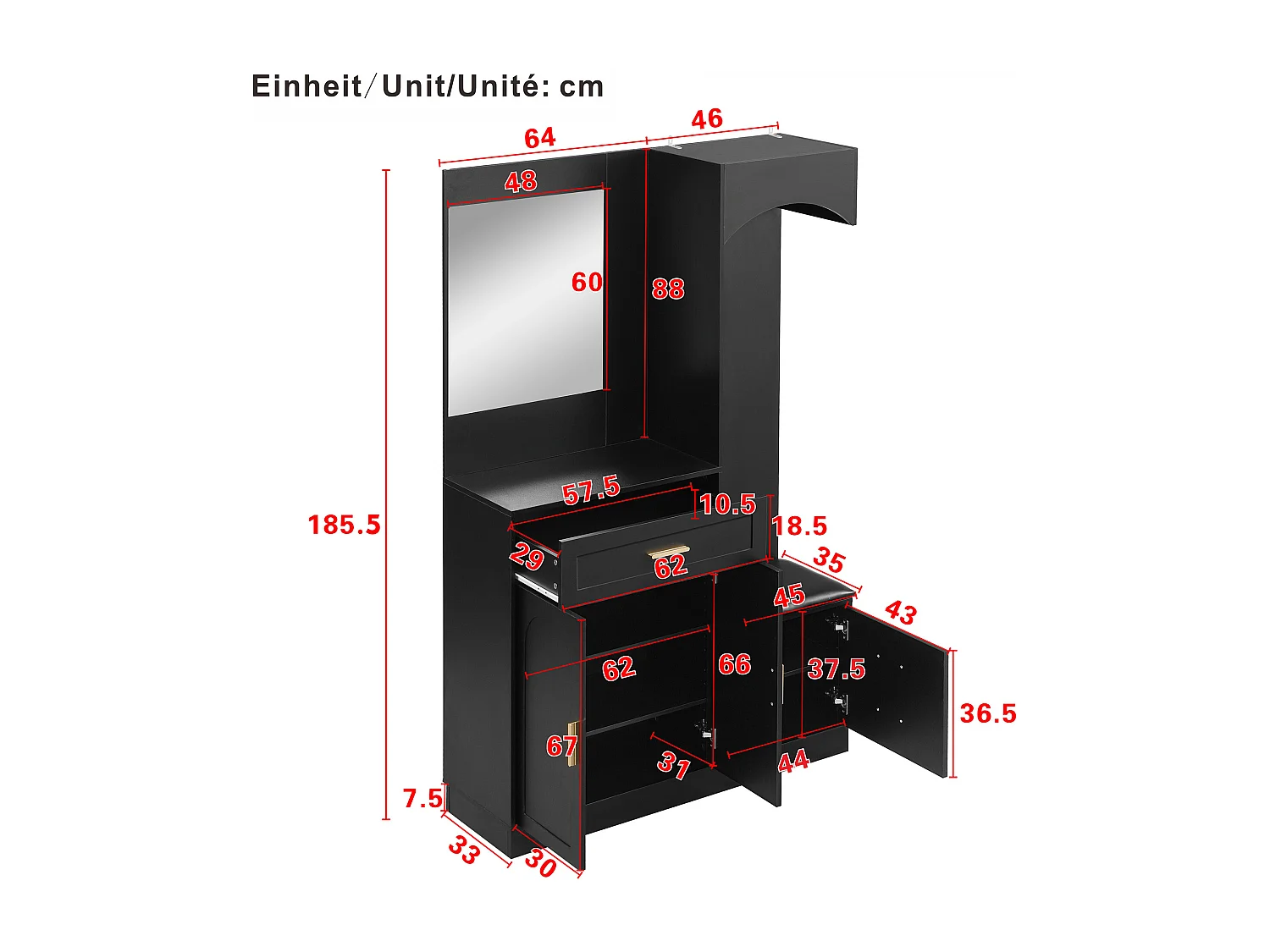 Vestiaire/combinaison armoire et meuble à chaussures avec miroir + 1 tiroir + 3 portes - 110 x 33 x 185.5 - MDF - noir