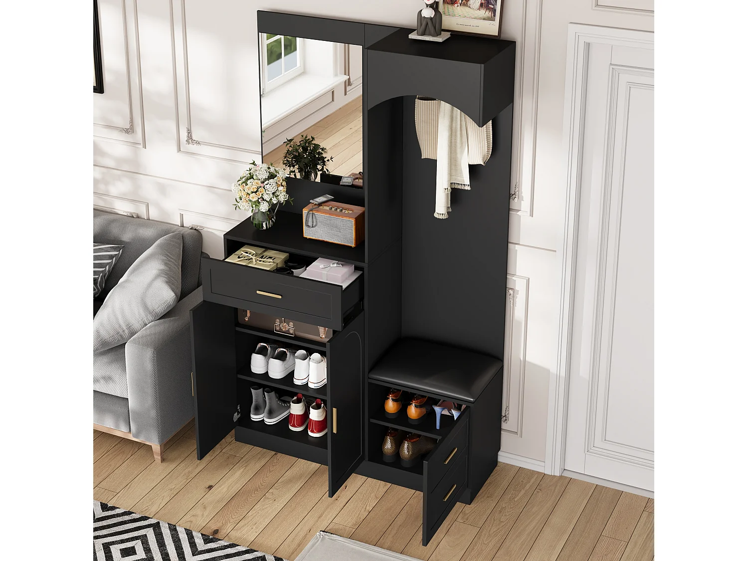 Vestiaire/combinaison armoire et meuble à chaussures avec miroir + 1 tiroir + 3 portes - 110 x 33 x 185.5 - MDF - noir