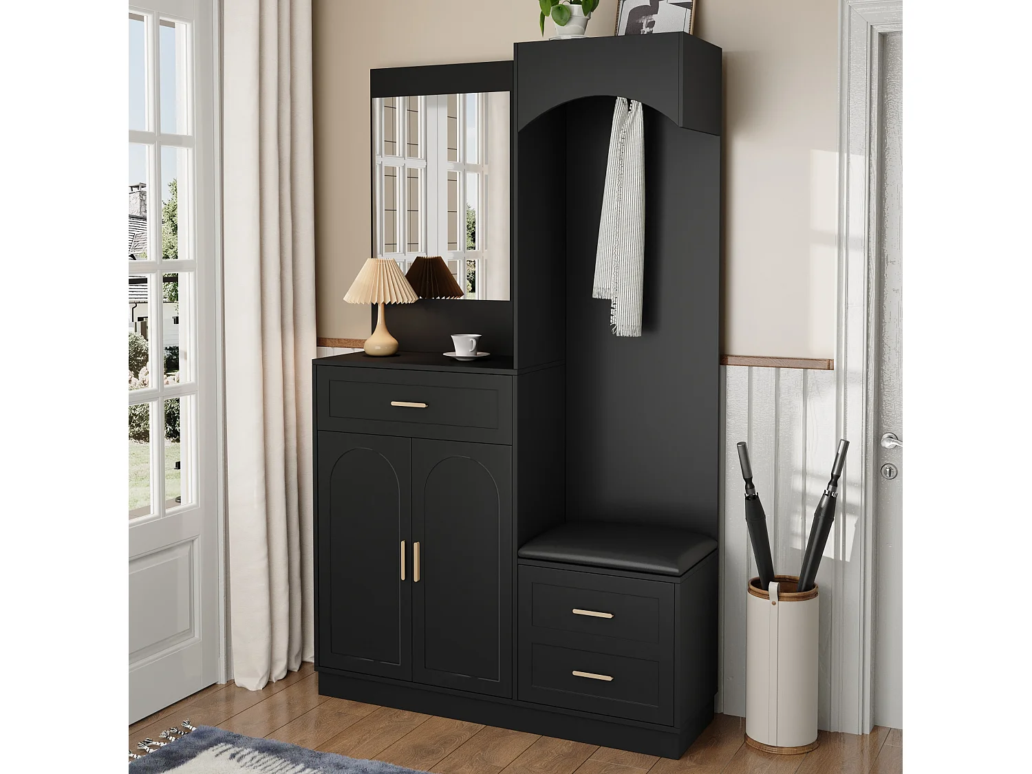 Vestiaire/combinaison armoire et meuble à chaussures avec miroir + 1 tiroir + 3 portes - 110 x 33 x 185.5 - MDF - noir