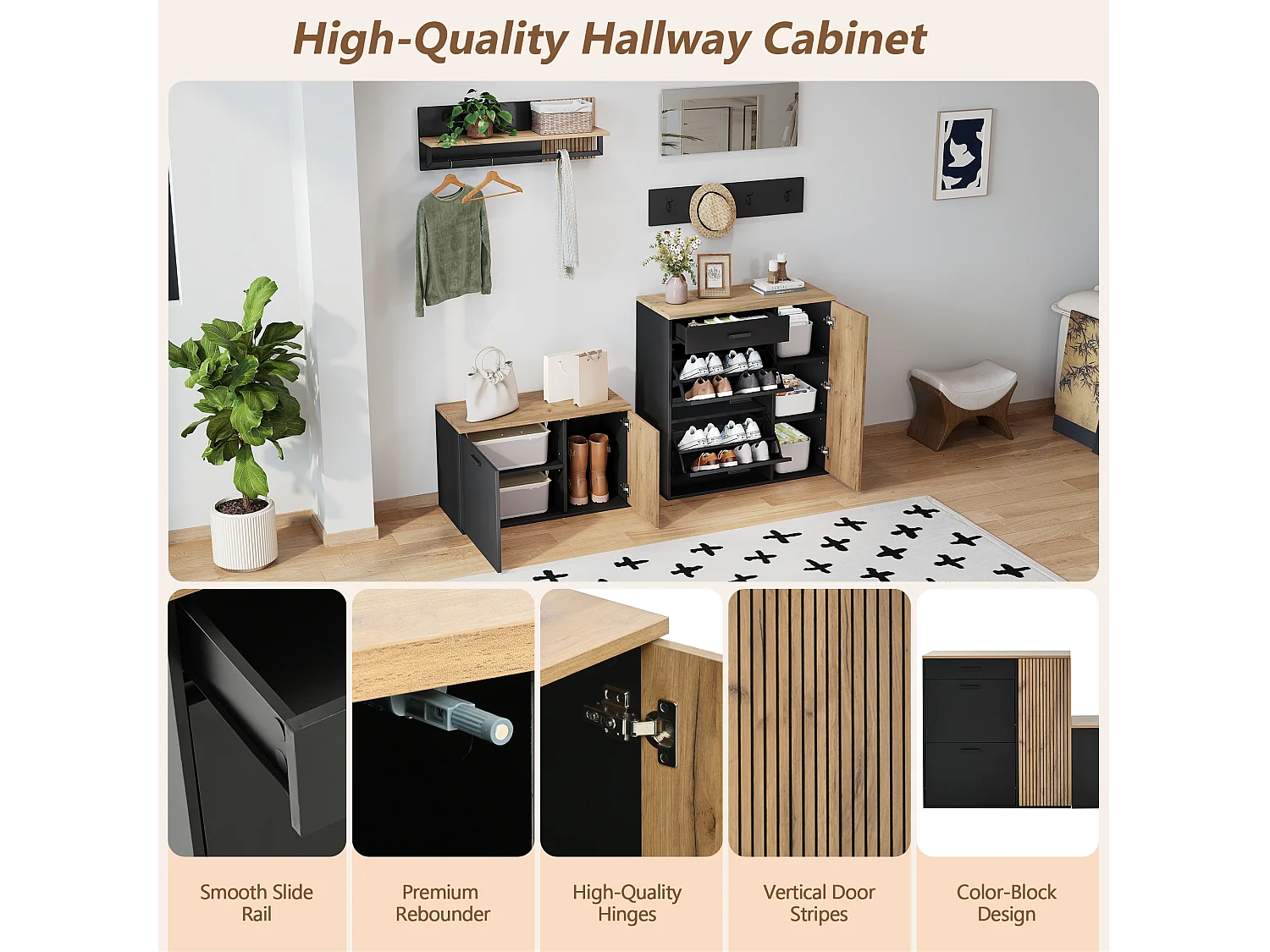 Vestiaire avec miroir + 2 meuble à chaussures + 4 crochets + étagère - aggloméré - naturel