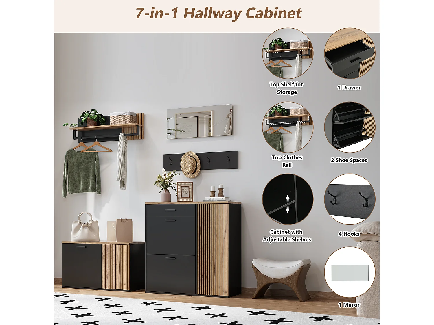 Vestiaire avec miroir + 2 meuble à chaussures + 4 crochets + étagère - aggloméré - naturel