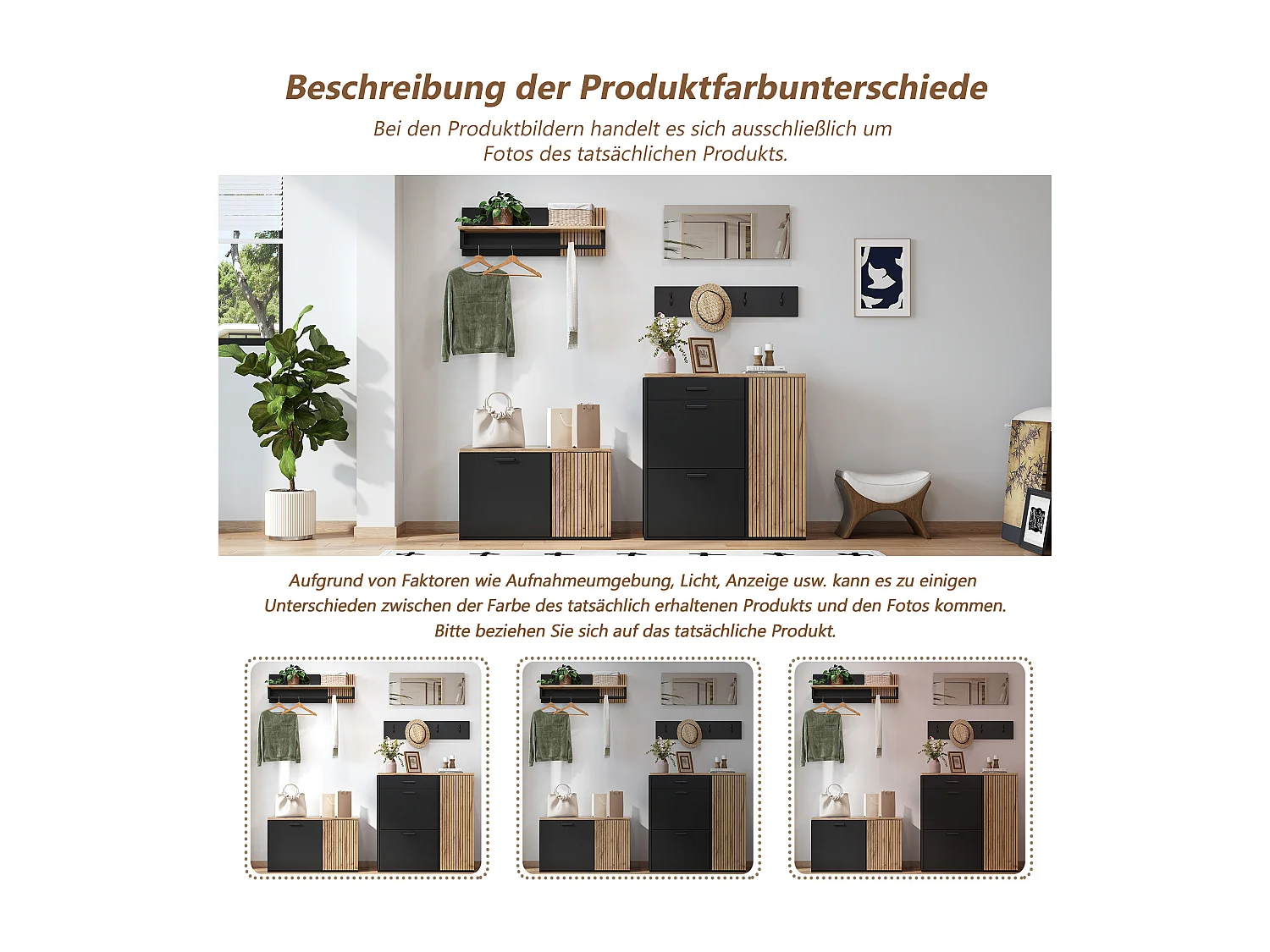 Vestiaire avec miroir + 2 meuble à chaussures + 4 crochets + étagère - aggloméré - naturel