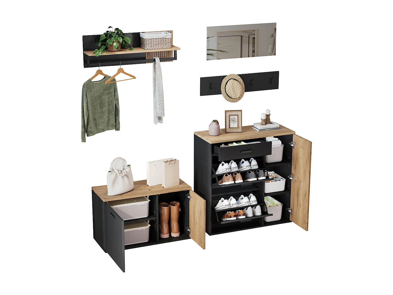 Vestiaire avec miroir + 2 meuble à chaussures + 4 crochets + étagère - aggloméré - naturel