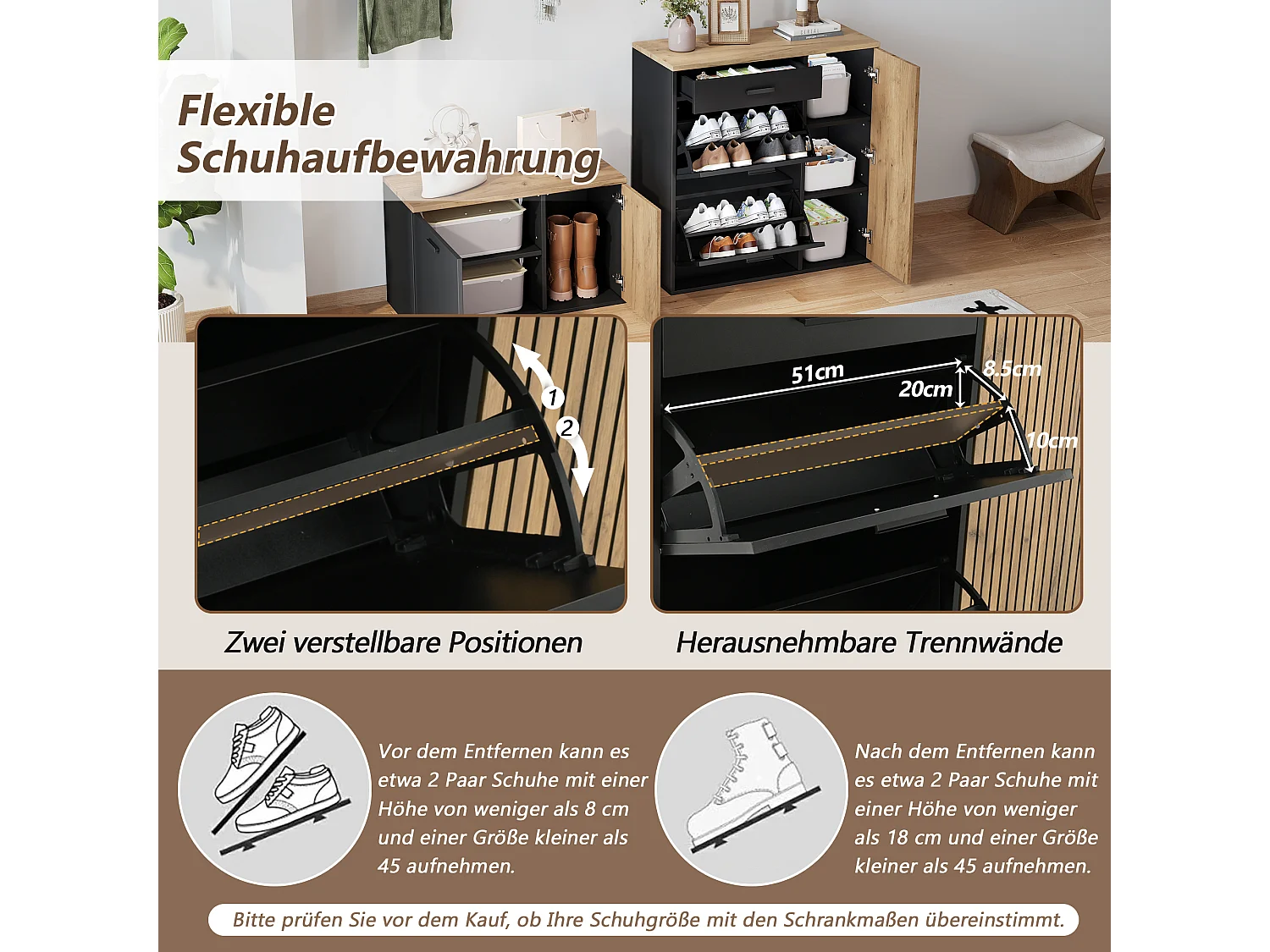 Vestiaire avec miroir + 2 meuble à chaussures + 4 crochets + étagère - aggloméré - naturel