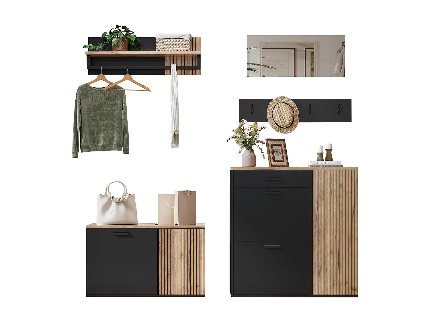 Vestiaire avec miroir + 2 meuble à chaussures + 4 crochets + étagère - aggloméré - naturel