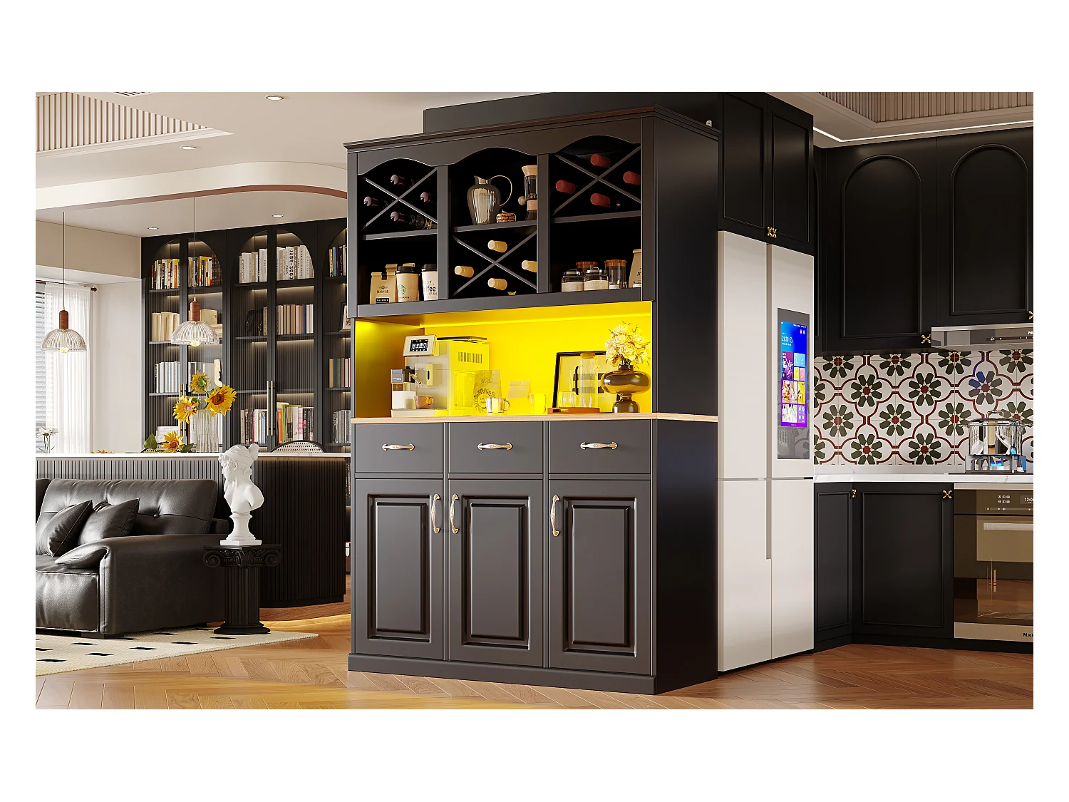 Buffet de cuisine haut avec 3 portes + 3 tiroirs + Leds - 120 x 40 x 180 - MDF - noir