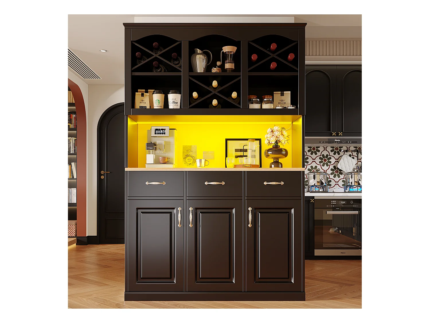 Buffet de cuisine haut avec 3 portes + 3 tiroirs + Leds - 120 x 40 x 180 - MDF - noir