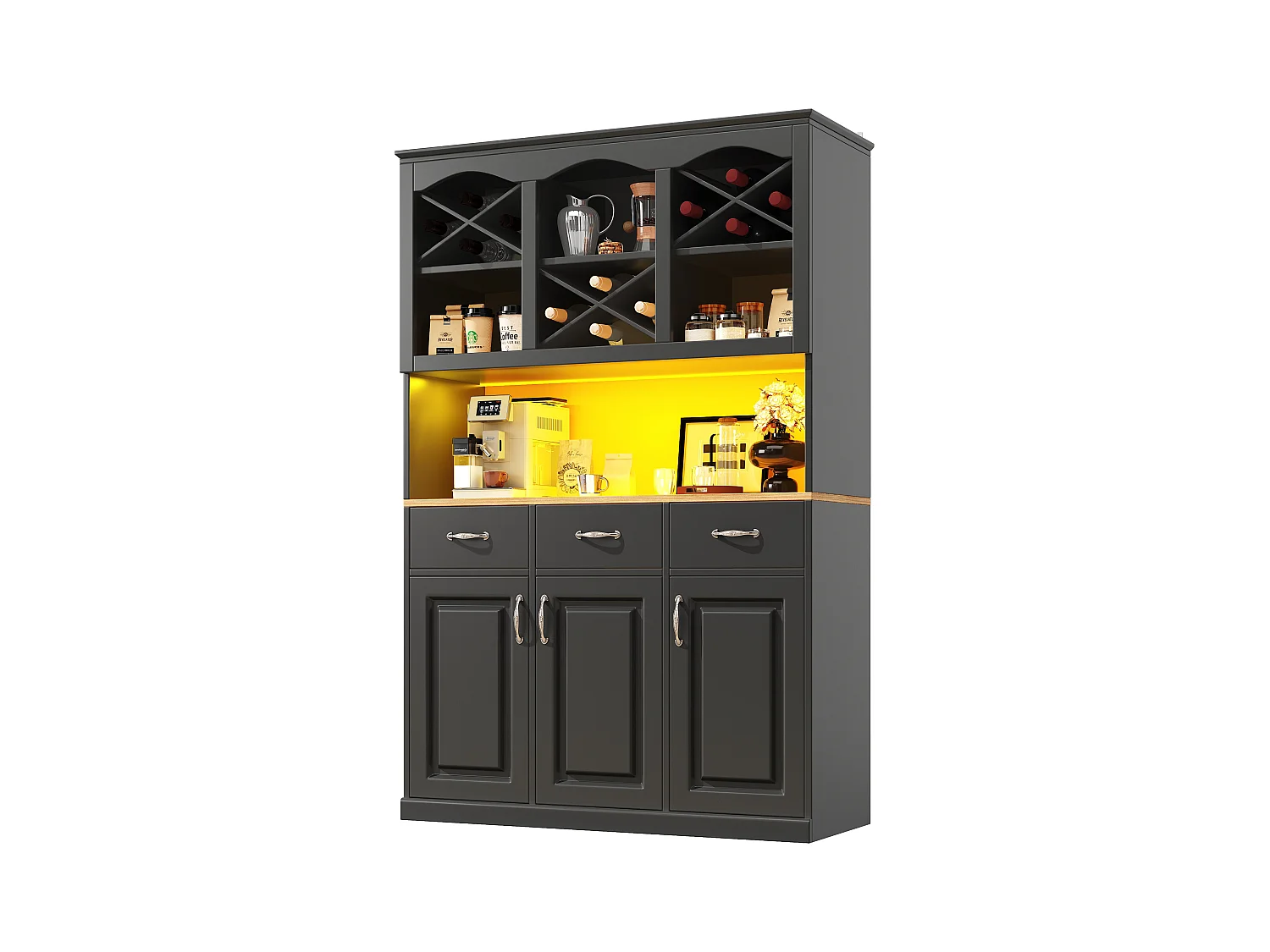 Buffet de cuisine haut avec 3 portes + 3 tiroirs + Leds - 120 x 40 x 180 - MDF - noir